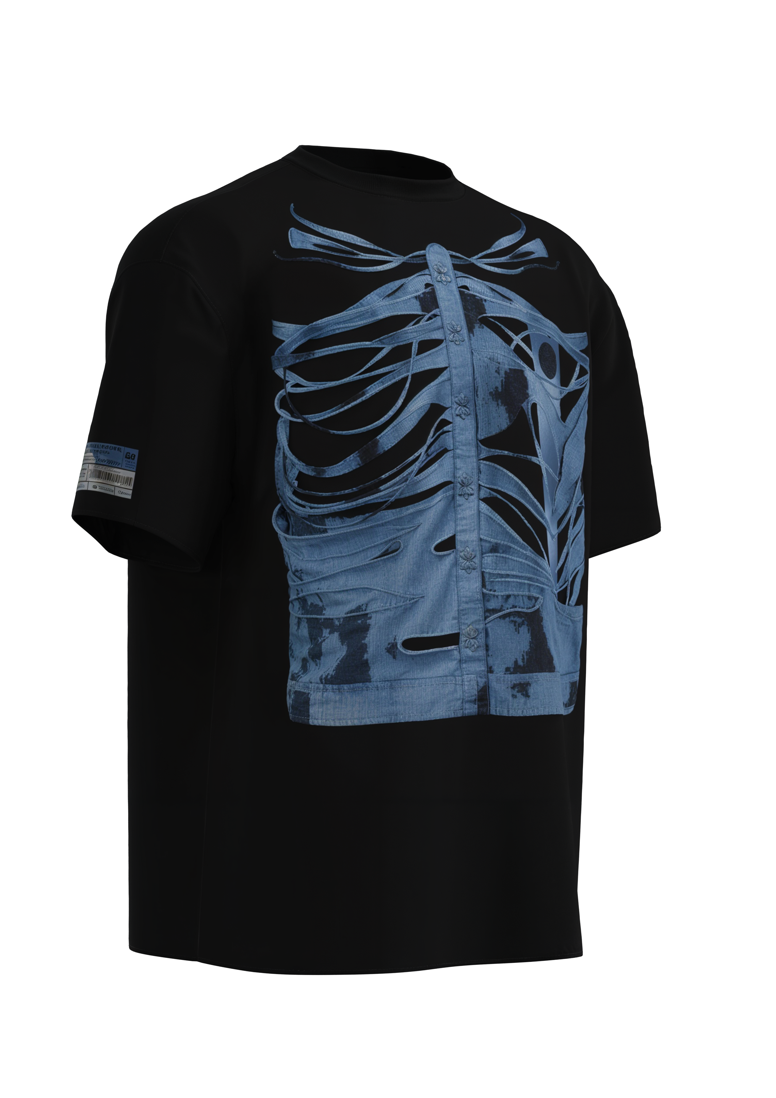 Exposed Layers t-shirt detail view of blue anatomical x-ray print