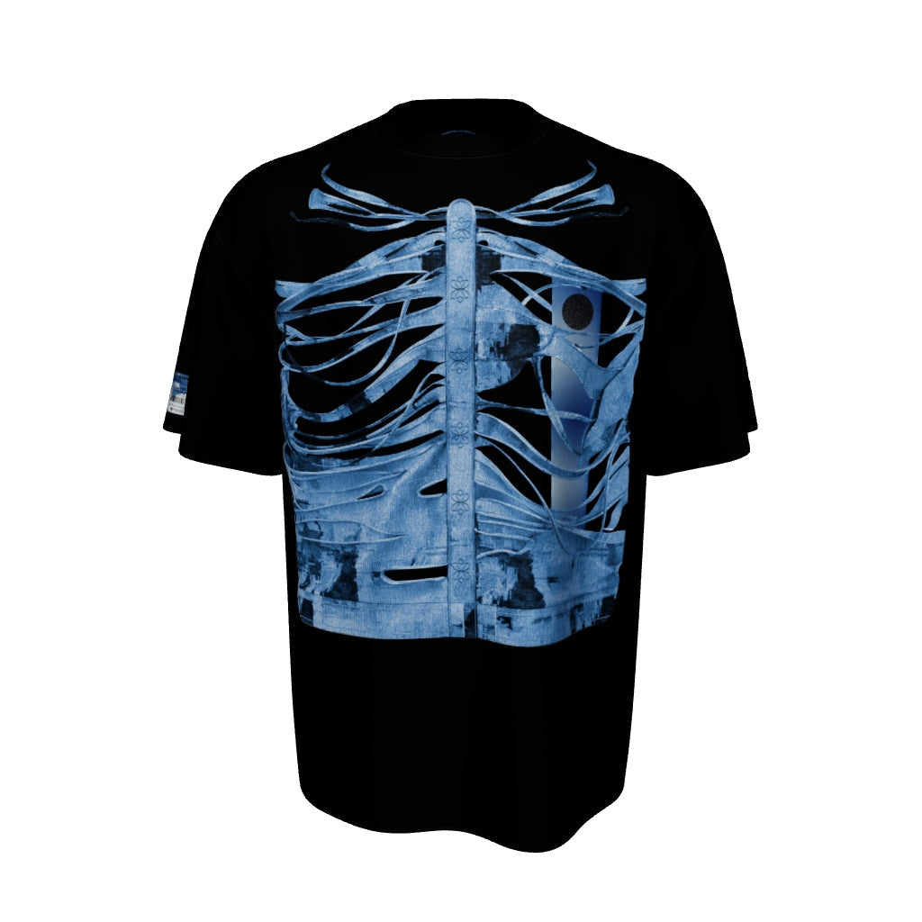 Exposed Layers phygital t-shirt front view showing blue x-ray ribcage design on black cotton